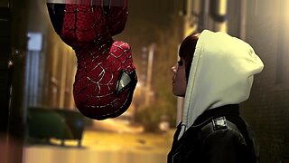 Seorang wanita berkulit gelap memberikan blowjob yang penuh gairah pada Spiderman di luar ruangan.